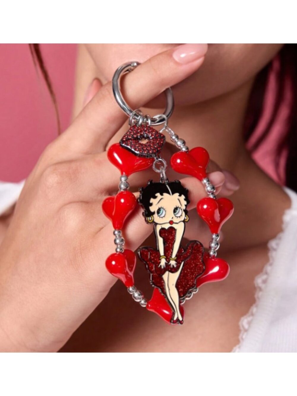 Betty Boop Rhinestone Heart Beaded Keychain Purse Charm Red Lip Bag Accessory